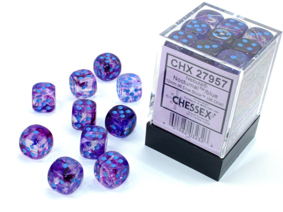 Chessex 12mm Nebula Nocturnal/Blue Luminary 36ct D6 Set (27957) Dice Chessex   