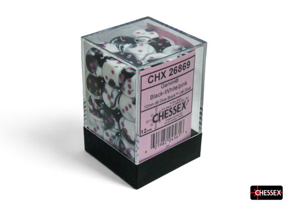 Chessex Gemini Black-White/Pink 12mm 36d6 Dice Block Dice Chessex