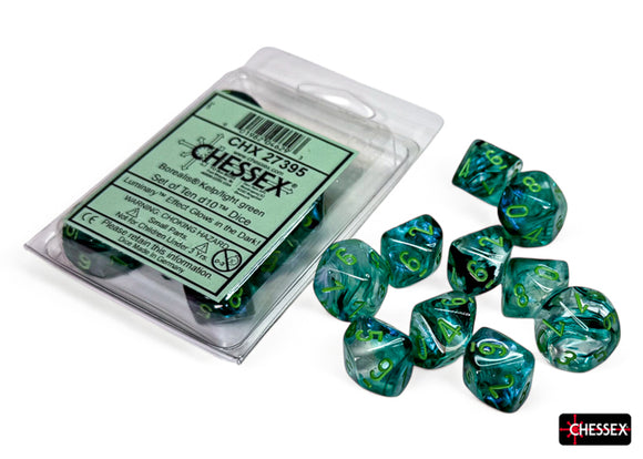 Chessex Borealis Kelp/Light Green Luminary Set of Ten d10s (Copy) Dice Chessex