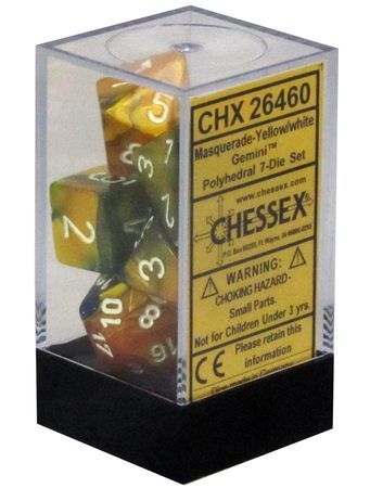 Chessex Gemini Masquerade-Yellow/White 7ct Polyhedral Set (26460) Dice Chessex   