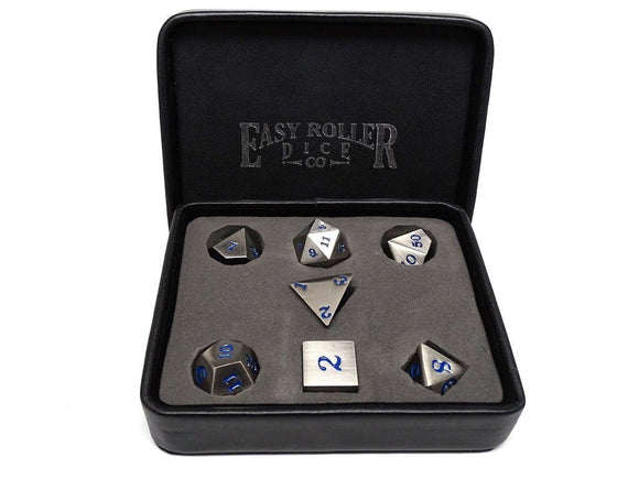 Easy Roller Metal Legendary Silver Electric Blue Signature Font 7ct Polyhedral Set  Easy Roller Dice   