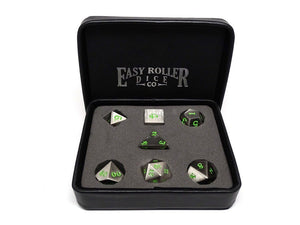 Easy Roller Metal Legendary Silver/Green Signature Font 7ct Polyhedral Set  Easy Roller Dice   