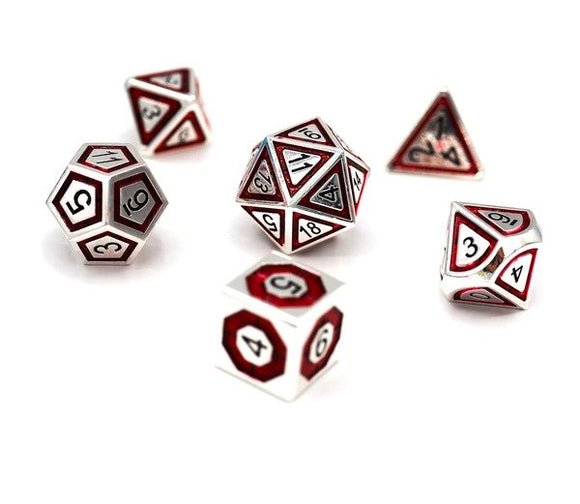 Silver and Crimson Compass 7ct Metal Polyhedral Dice Set  Other   